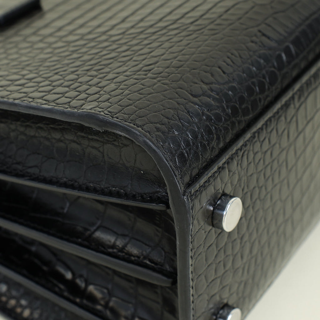YSL Black Sac De Jour Baby Croco Embossed Bag