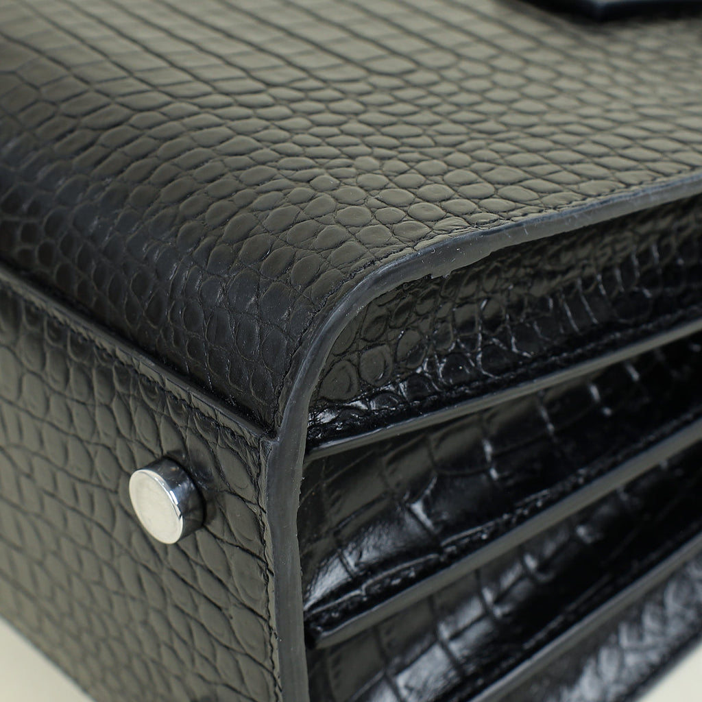 YSL Black Sac De Jour Baby Croco Embossed Bag