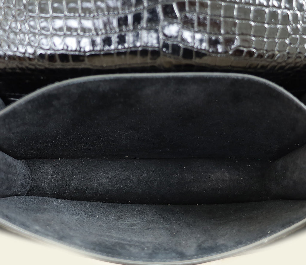 YSL Black Sunset Medium Croco Embossed Shoulder Bag