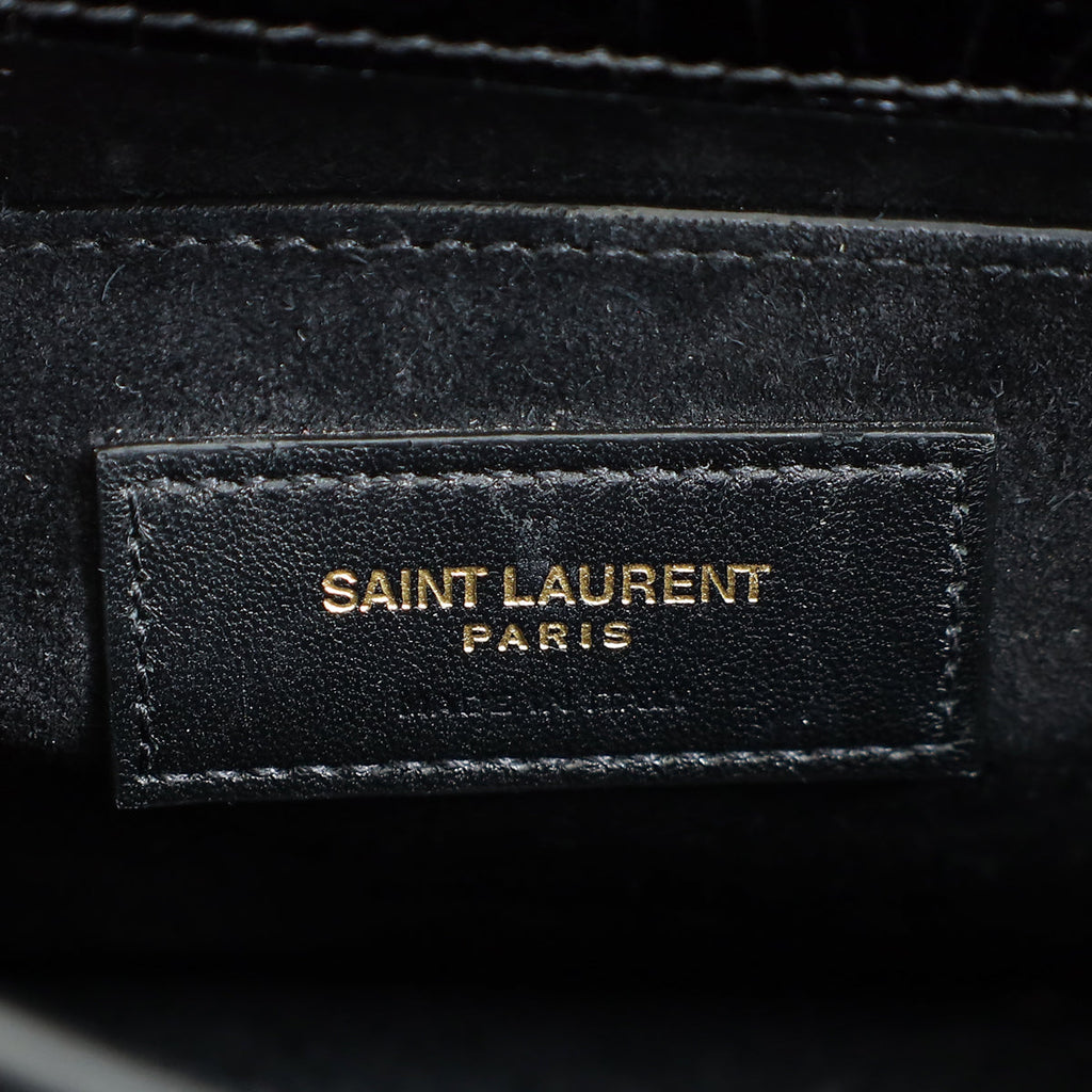 YSL Black Sunset Medium Croco Embossed Shoulder Bag
