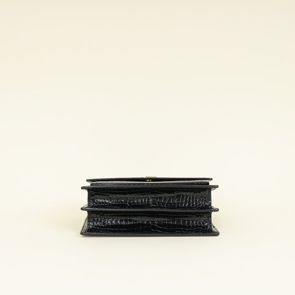 YSL Black Sunset Medium Croco Embossed Shoulder Bag