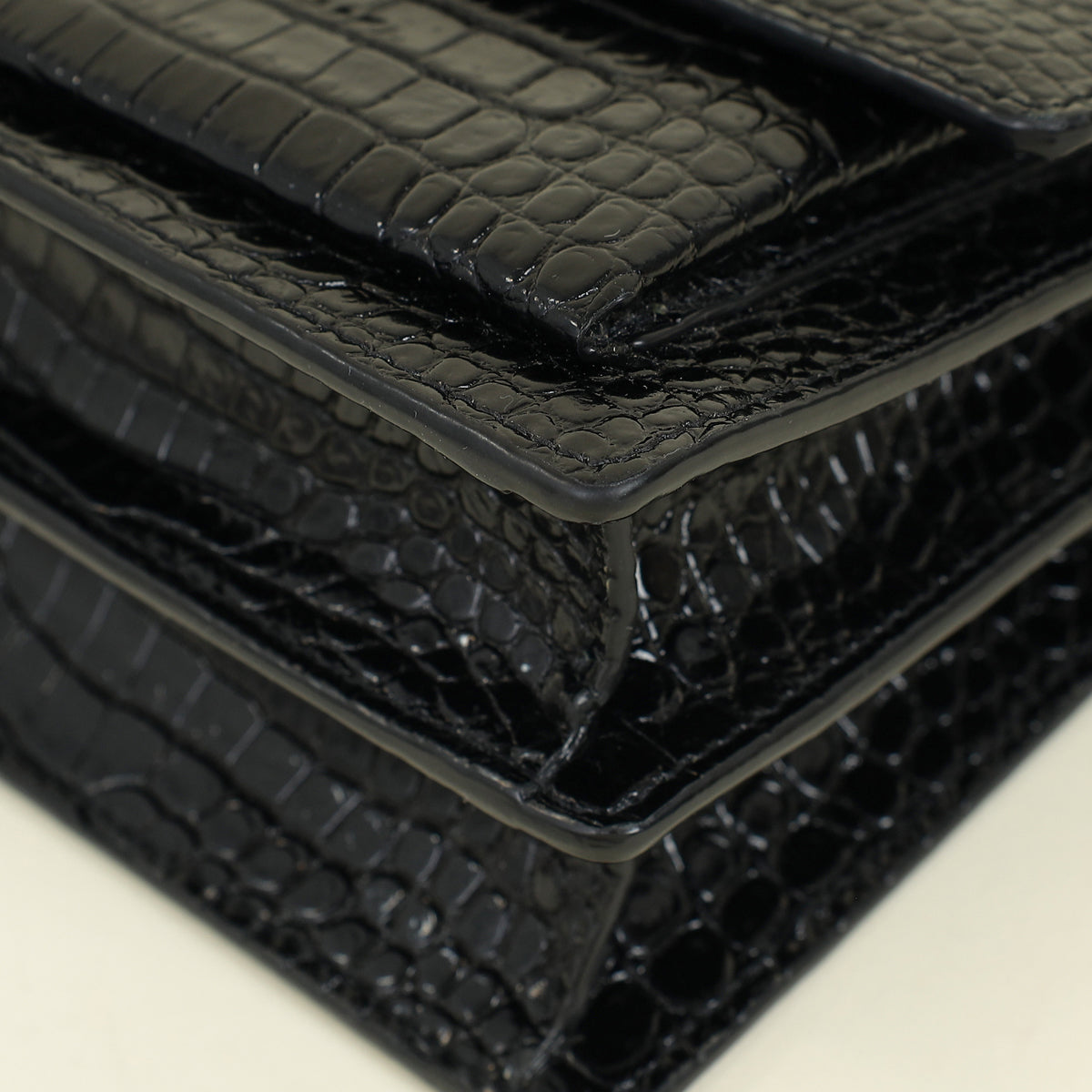 YSL Black Sunset Medium Croco Embossed Shoulder Bag