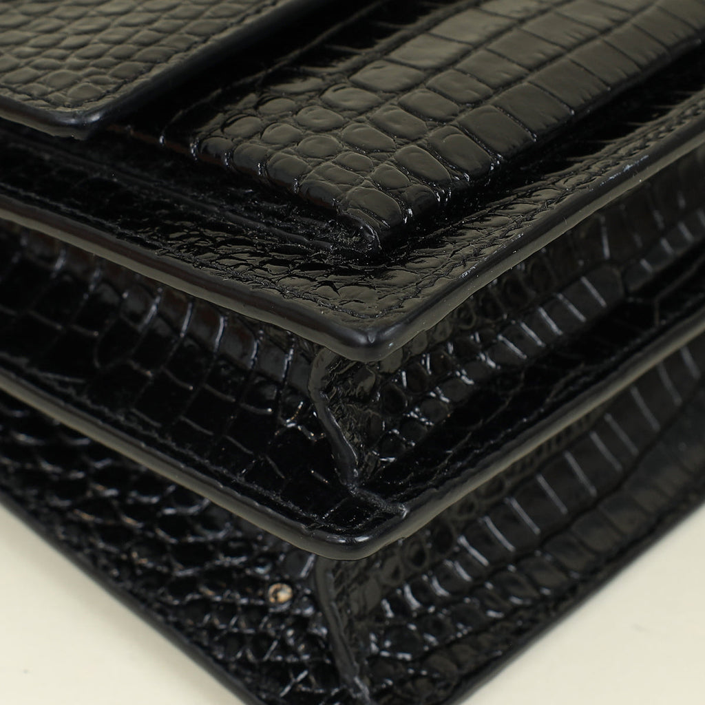 YSL Black Sunset Medium Croco Embossed Shoulder Bag