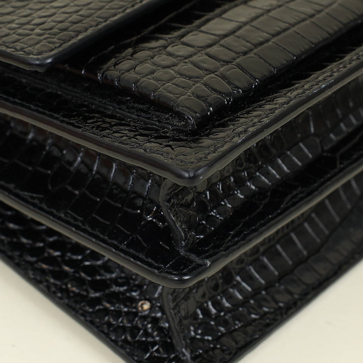 YSL Black Sunset Medium Croco Embossed Shoulder Bag