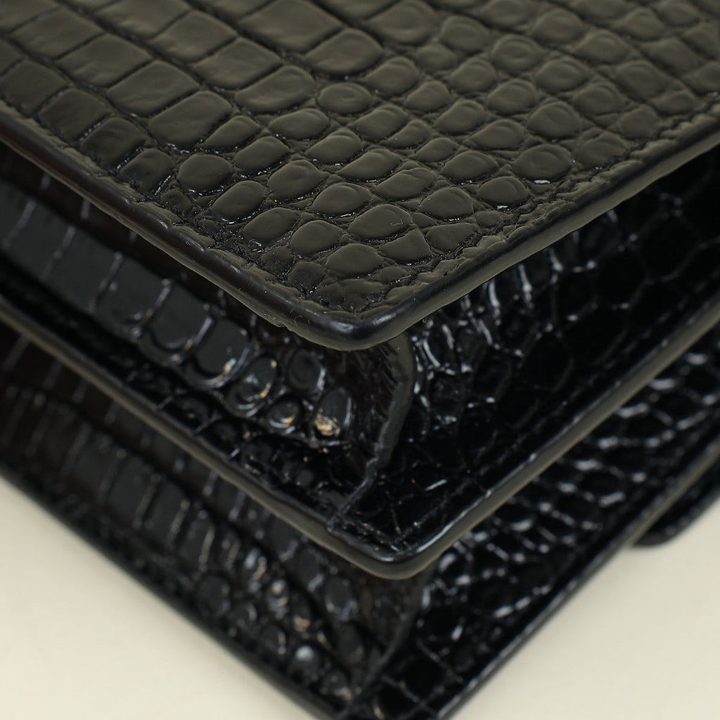 YSL Black Sunset Medium Croco Embossed Shoulder Bag