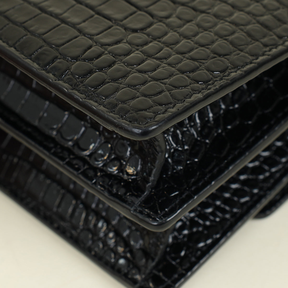 YSL Black Sunset Medium Croco Embossed Shoulder Bag