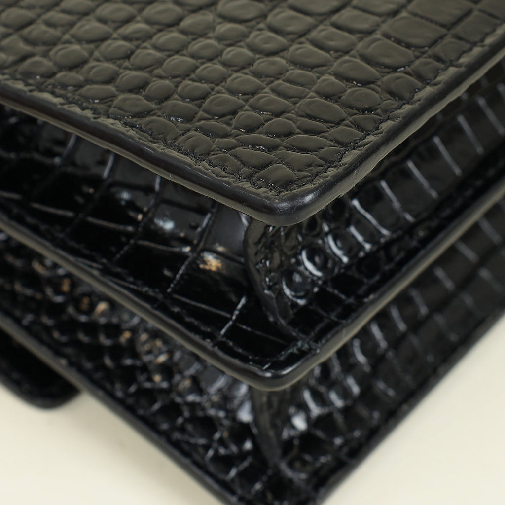 YSL Black Sunset Medium Croco Embossed Shoulder Bag