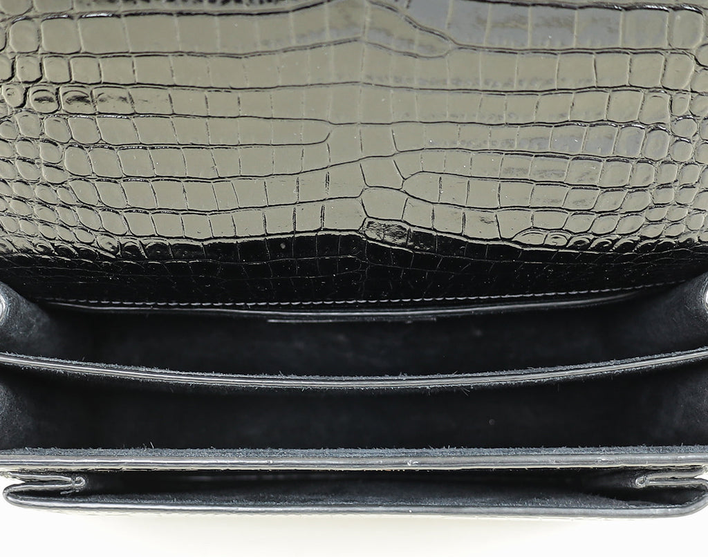 YSL Black Sunset Medium Croco Embossed Shoulder Bag