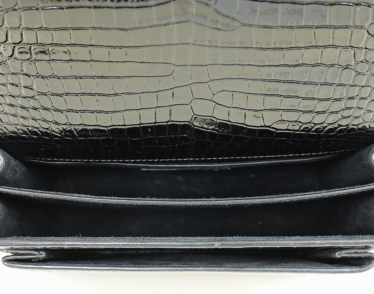 YSL Black Sunset Medium Croco Embossed Shoulder Bag