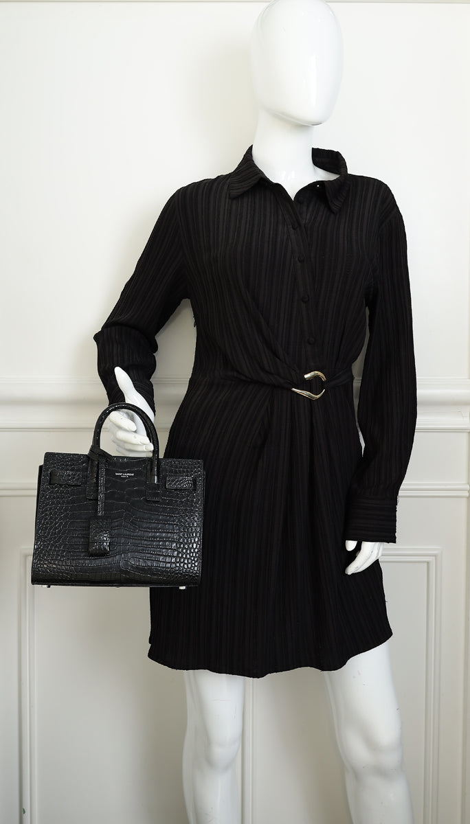 YSL Black Sac De Jour Crocodile Embossed Nano Bag