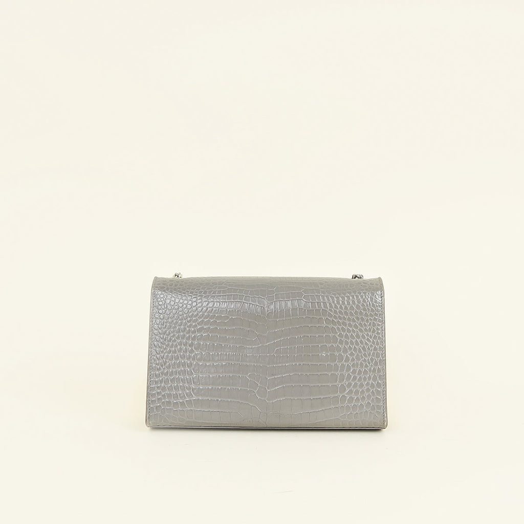 YSL Grey Kate Tassel Croco Embossed Medium Shoulder Bag
