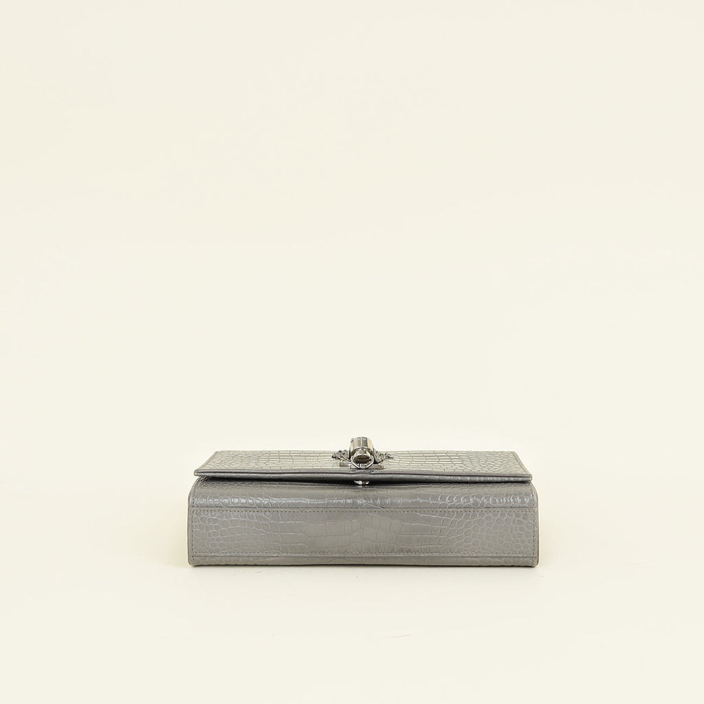YSL Grey Kate Tassel Croco Embossed Medium Shoulder Bag