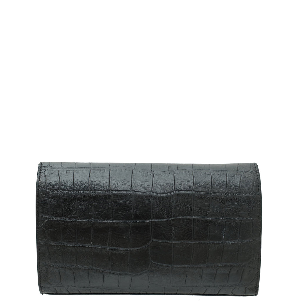 YSL Black Monogram Kate Croco Embossed Wallet On Chain