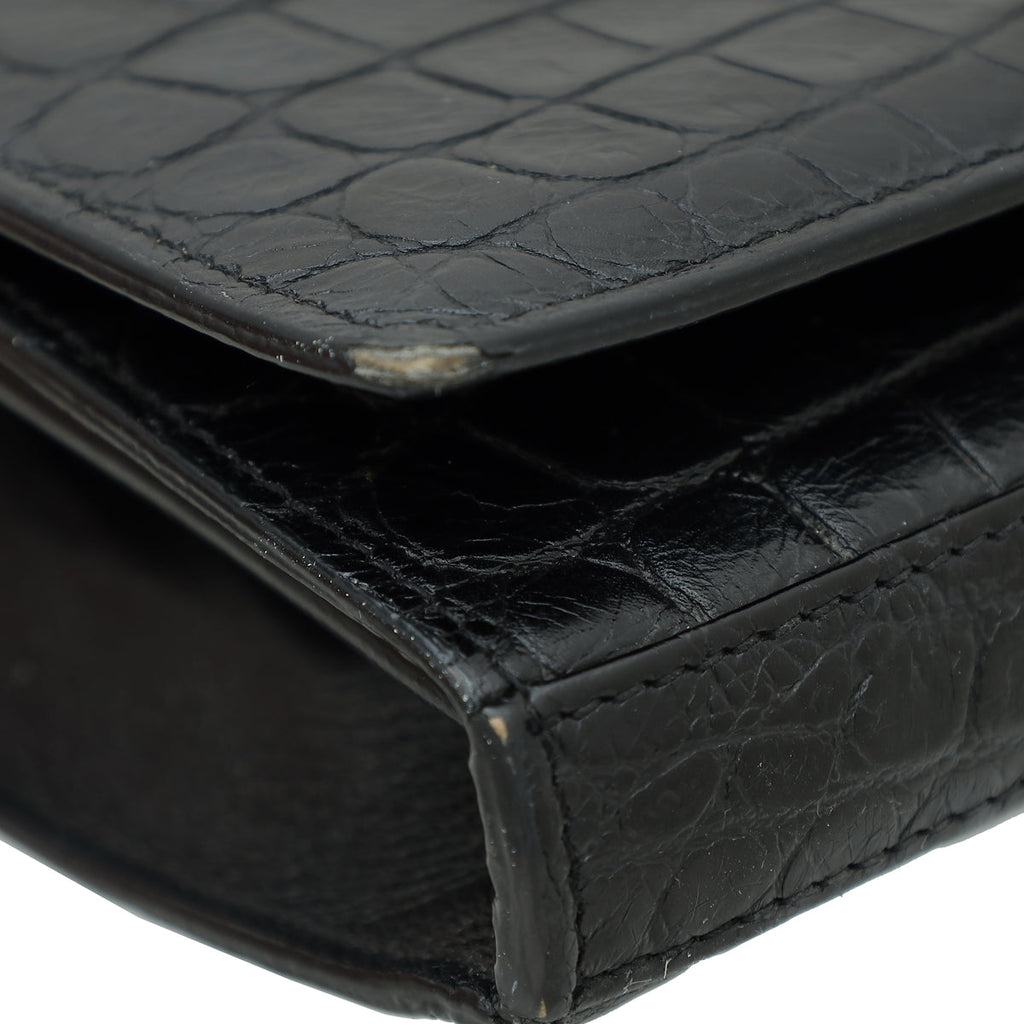 YSL Black Monogram Kate Croco Embossed Wallet On Chain