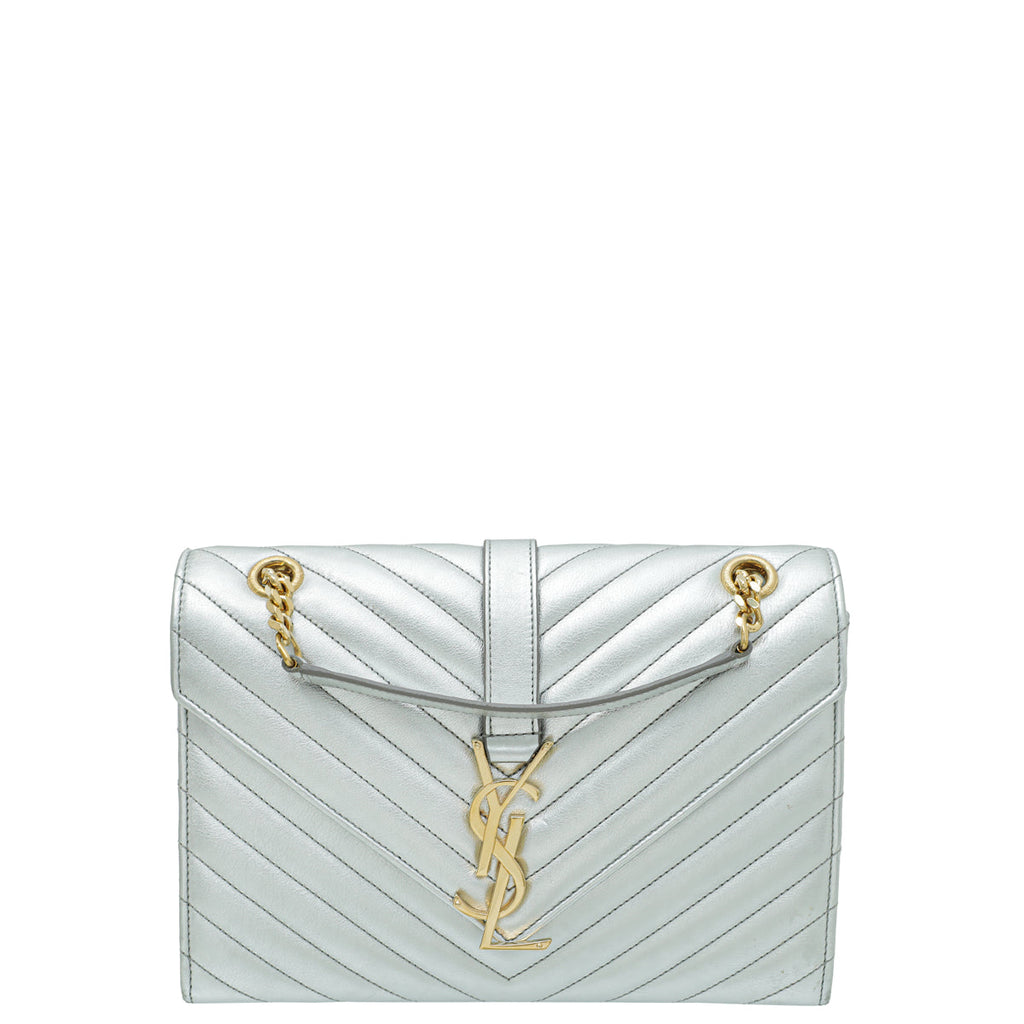 YSL Metallic Silver Monogram Satchel Flap Medium Bag