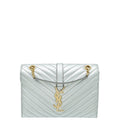 YSL Metallic Silver Monogram Satchel Flap Medium Bag