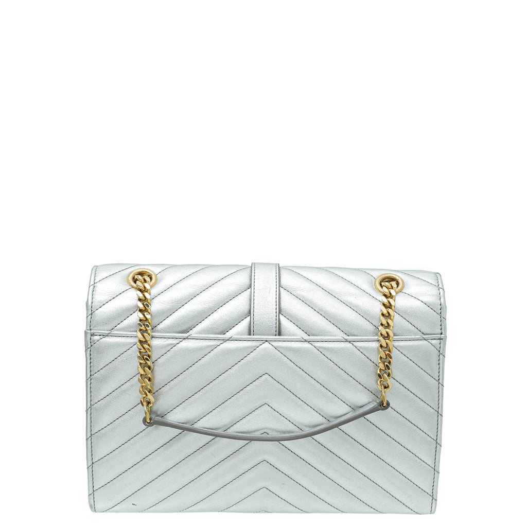 YSL Metallic Silver Monogram Satchel Flap Medium Bag