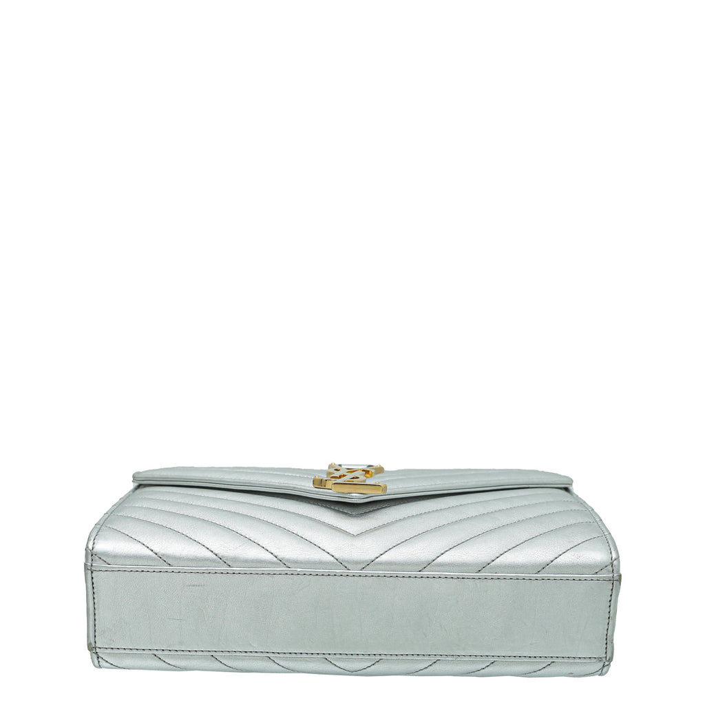 YSL Metallic Silver Monogram Satchel Flap Medium Bag
