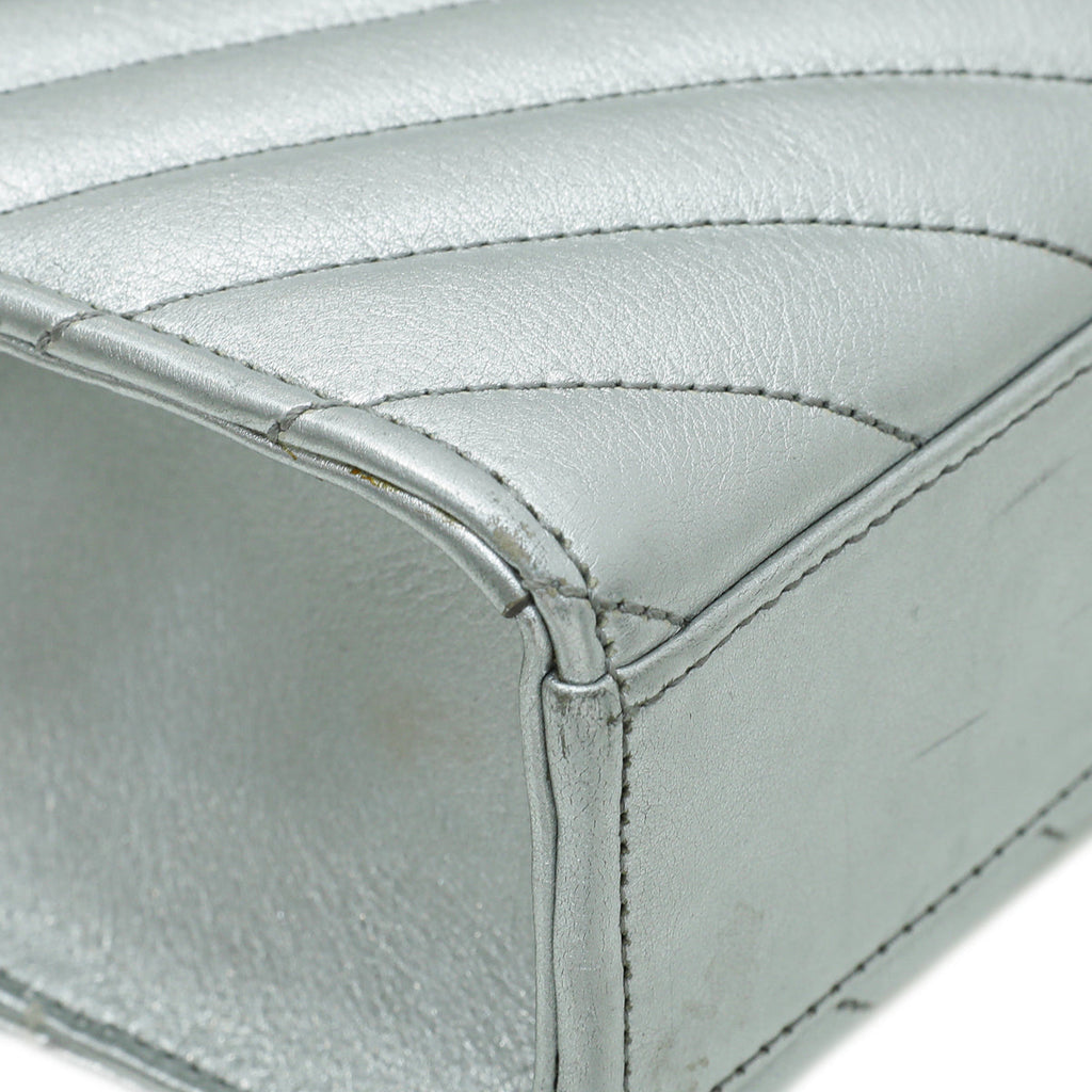YSL Metallic Silver Monogram Satchel Flap Medium Bag