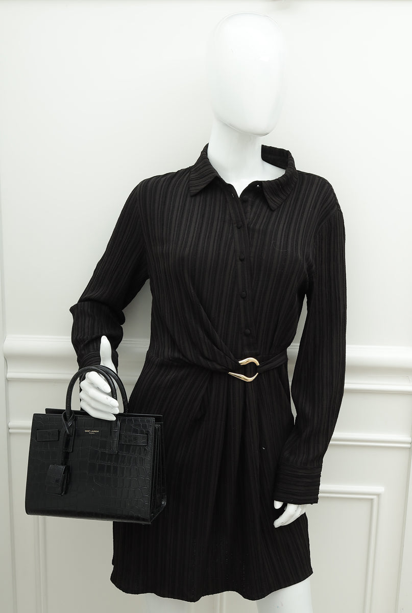 YSL Black Croco Embossed Sac De Jour Nano Bag