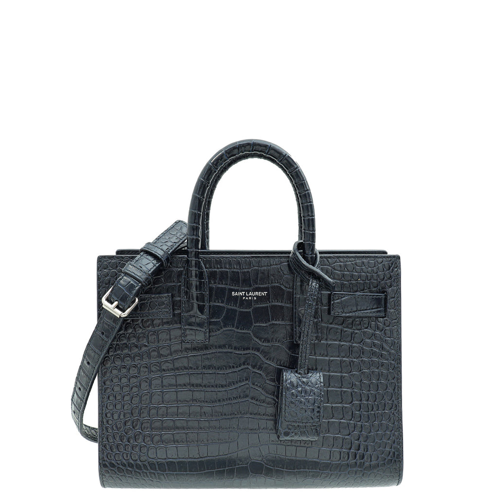 YSL Indigo Blue Sac De Jour Nano Croco Embossed Bag