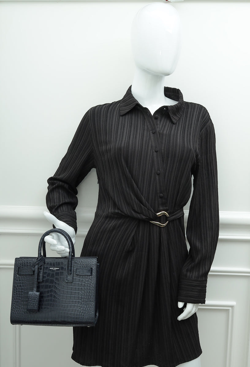 YSL Indigo Blue Sac De Jour Nano Croco Embossed Bag