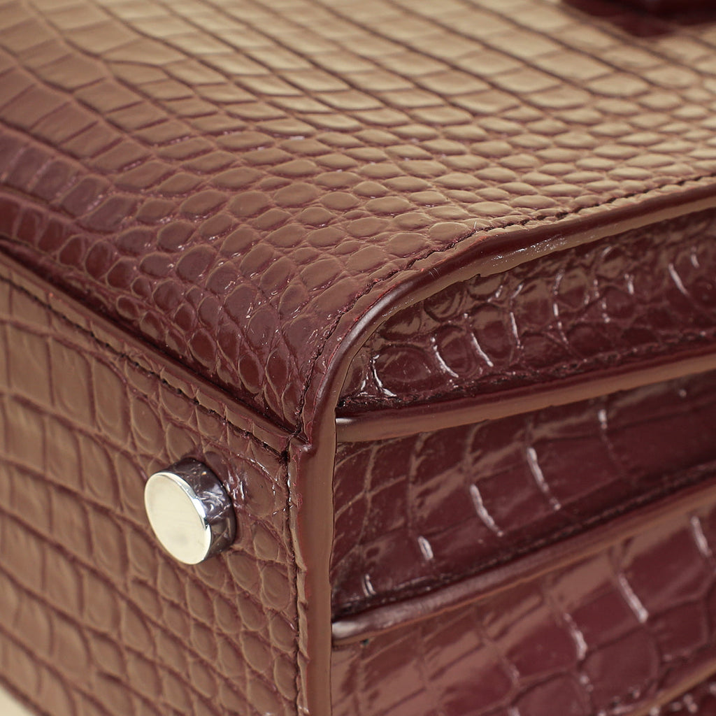 YSL Burgundy Croco Embossed Sac De Jour Nano Bag