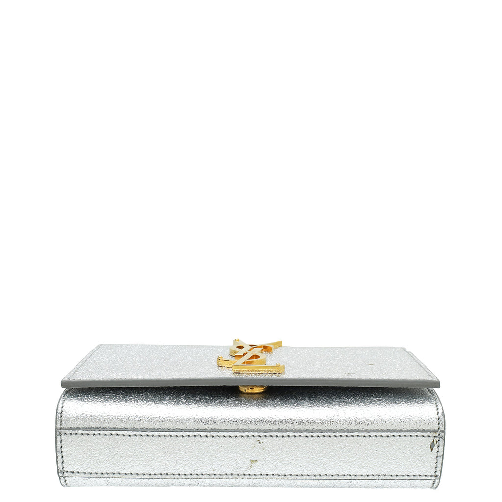 YSL Metallic Silver Monogram Kate Mini Shoulder Bag