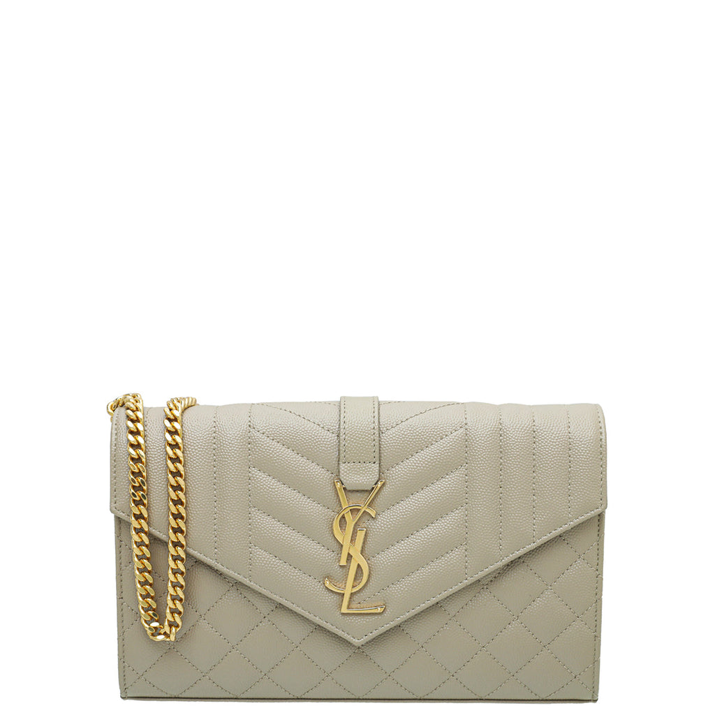 YSL Beige Grain De Poudre Mix Quilt Envelope Chain Wallet