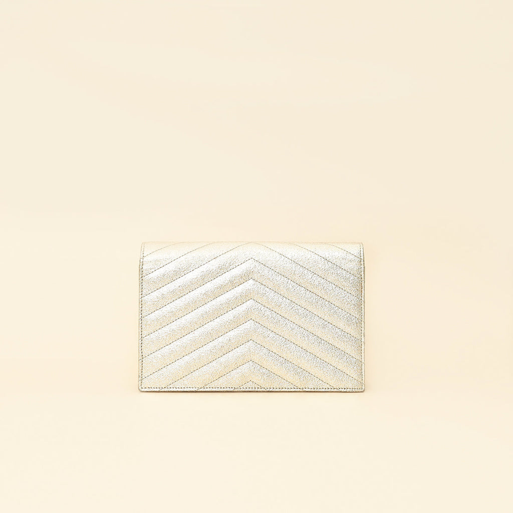 YSL Metallic Gold Monogram Chevron Envelope Chain Wallet