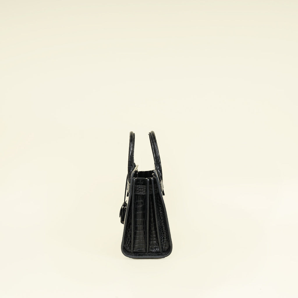 YSL Black Sac De Jour Nano Croco Embossed Bag