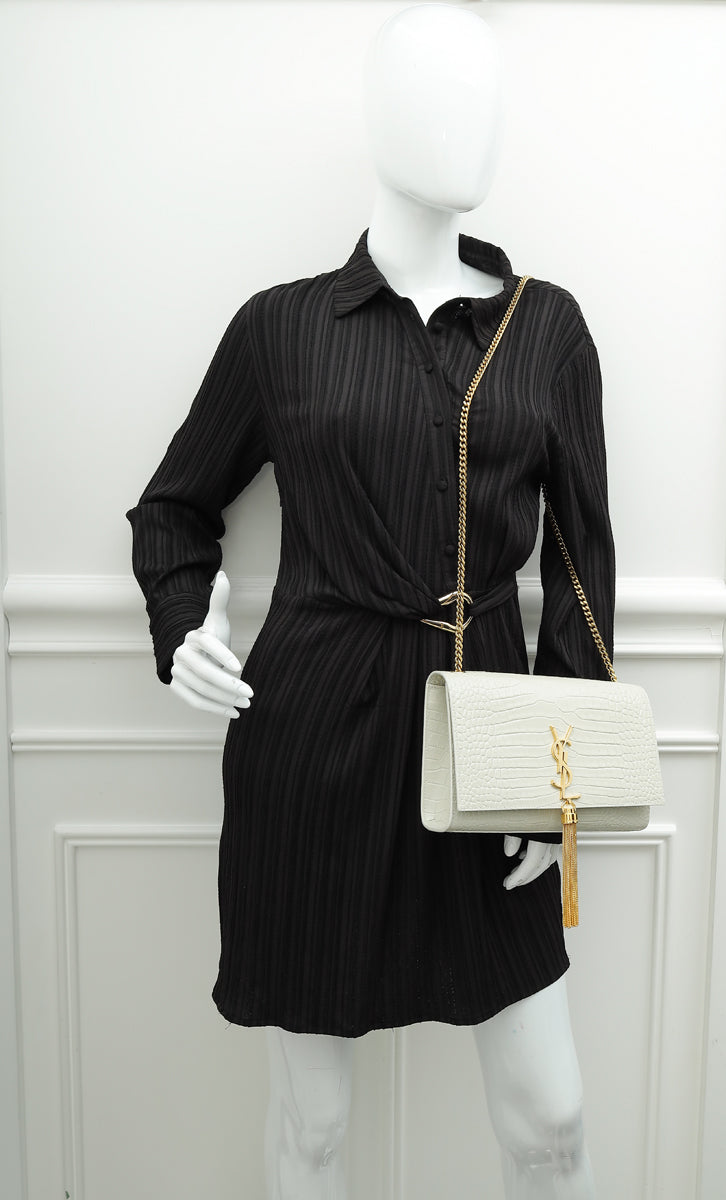 YSL Blanc Vintage Croco Embossed Kate Tassel Medium Bag