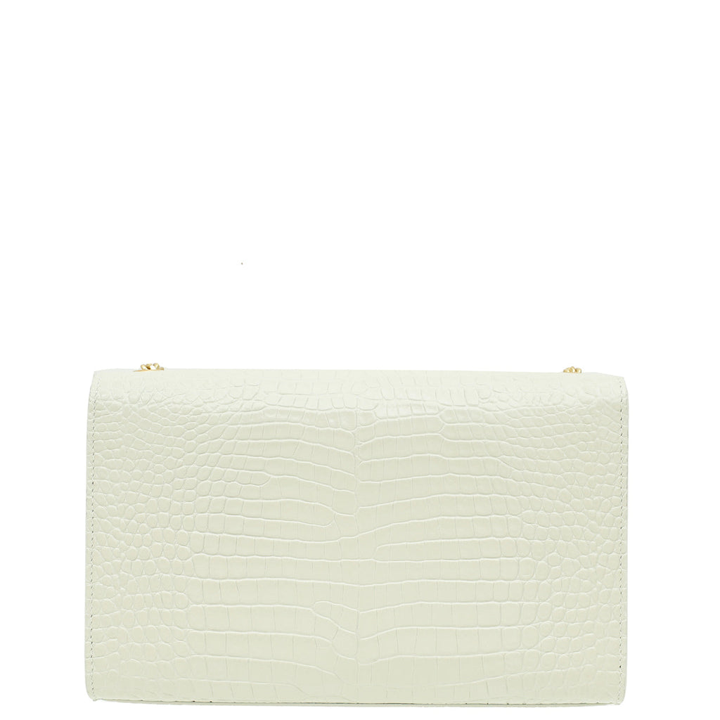 YSL Blanc Vintage Croco Embossed Kate Tassel Medium Bag