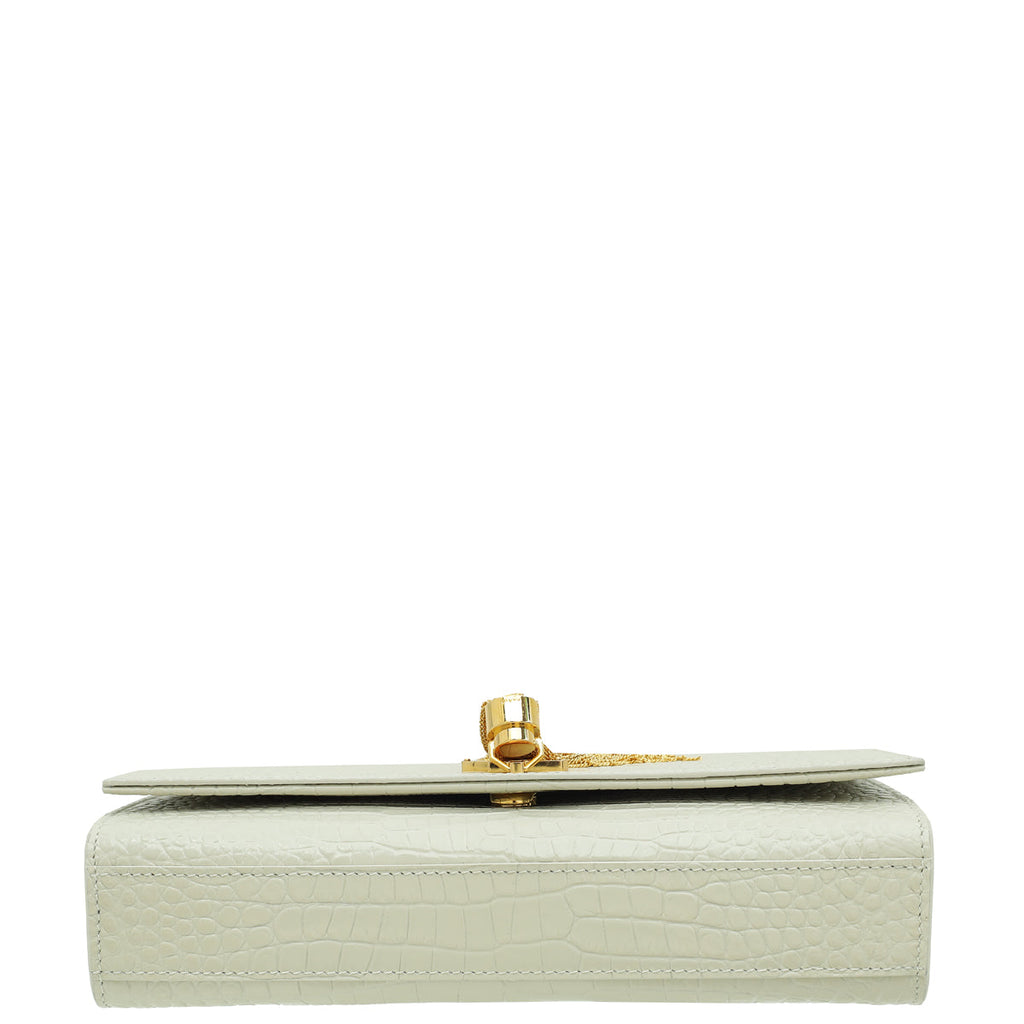 YSL Blanc Vintage Croco Embossed Kate Tassel Medium Bag
