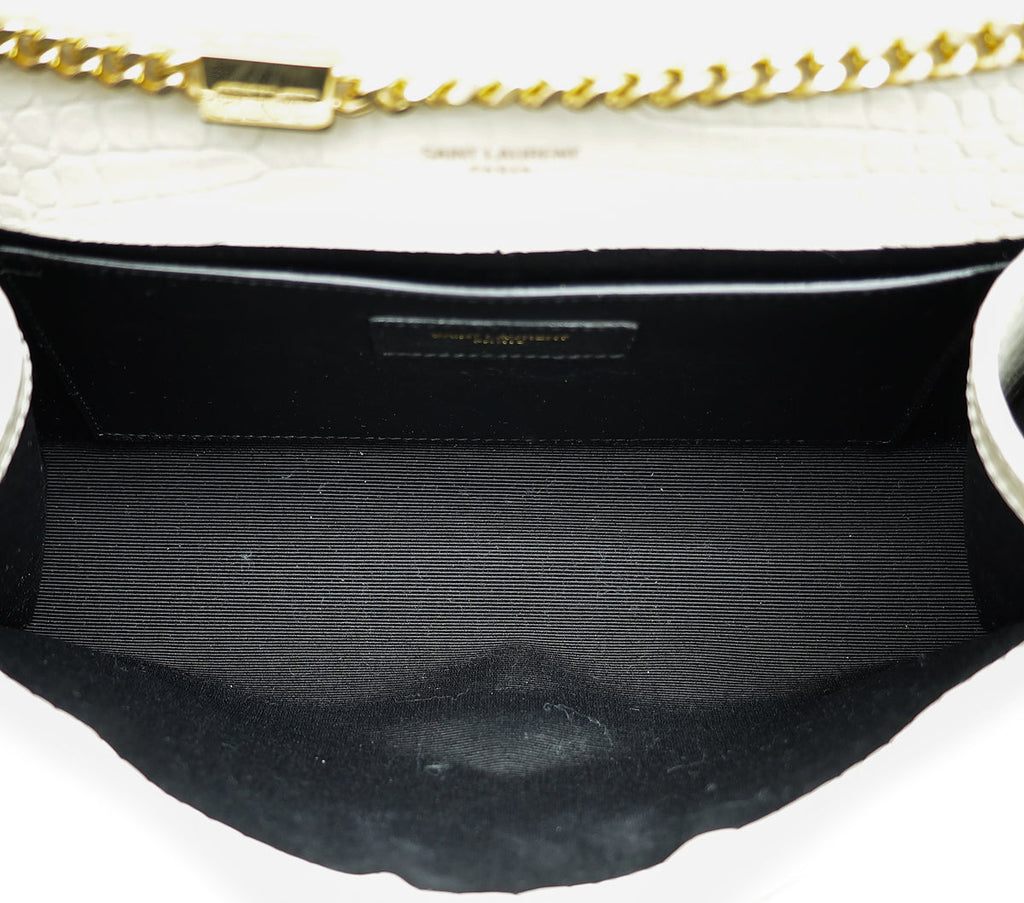 YSL Blanc Vintage Croco Embossed Kate Tassel Medium Bag