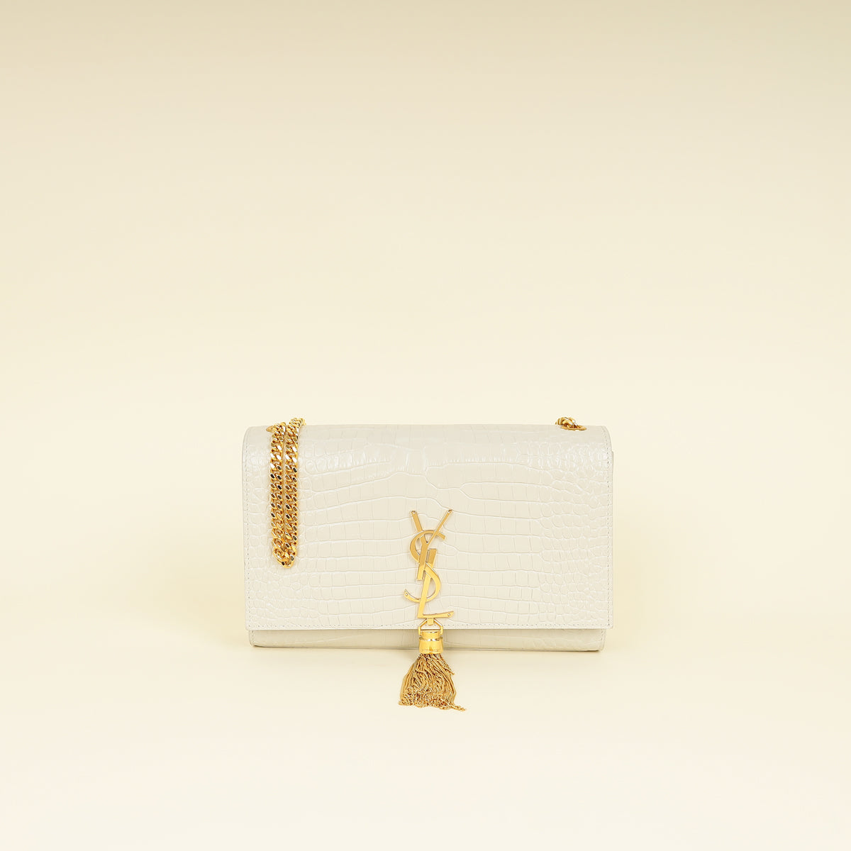 YSL Blanc Vintage Kate Tassel Croc Embossed Medium Shoulder Bag