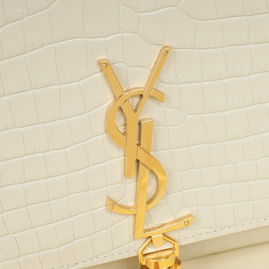 YSL Blanc Vintage Kate Tassel Croc Embossed Medium Shoulder Bag