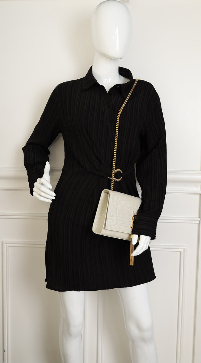 YSL Blanc Vintage Kate Tassel Croc Embossed Medium Shoulder Bag