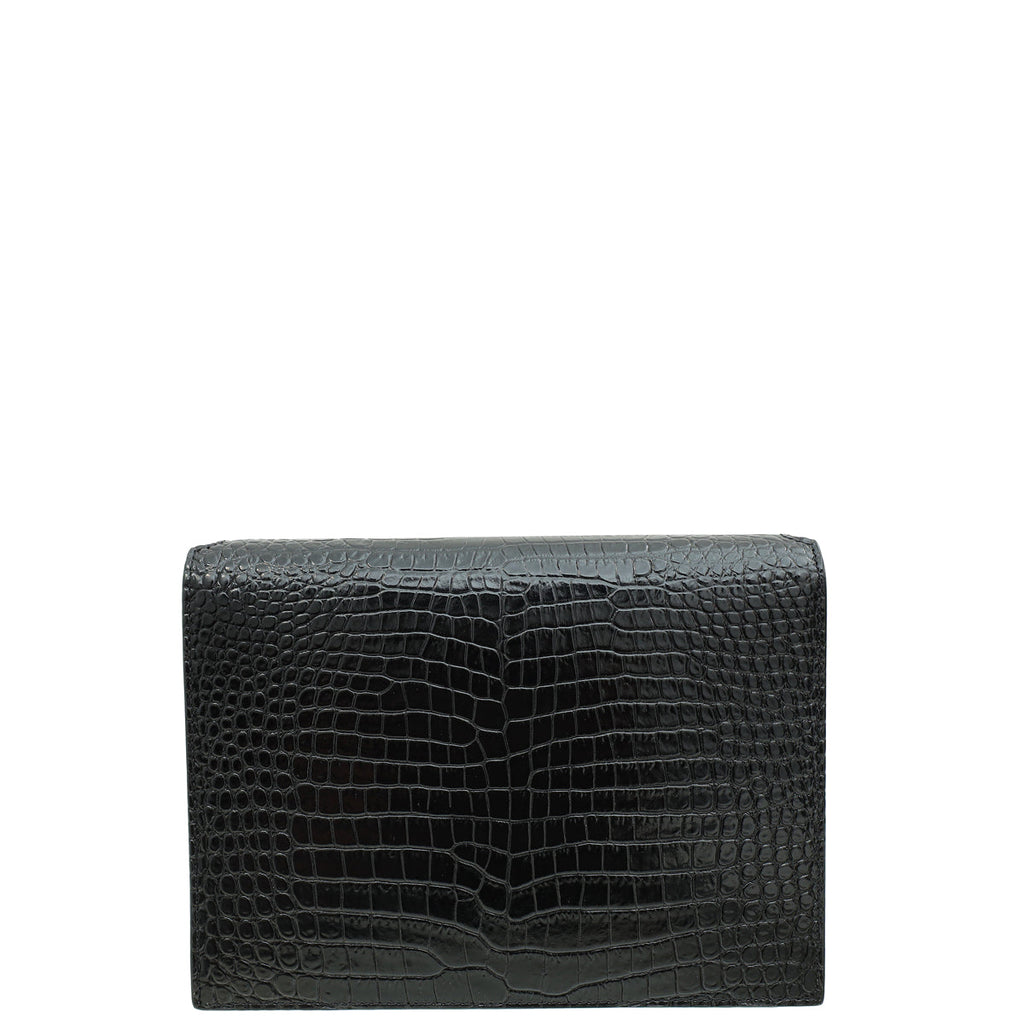 YSL Black Cassandra Clasp Croco Embossed Small Chain Shoulder Bag