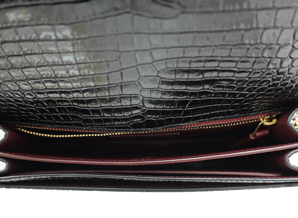 YSL Black Cassandra Clasp Croco Embossed Small Chain Shoulder Bag