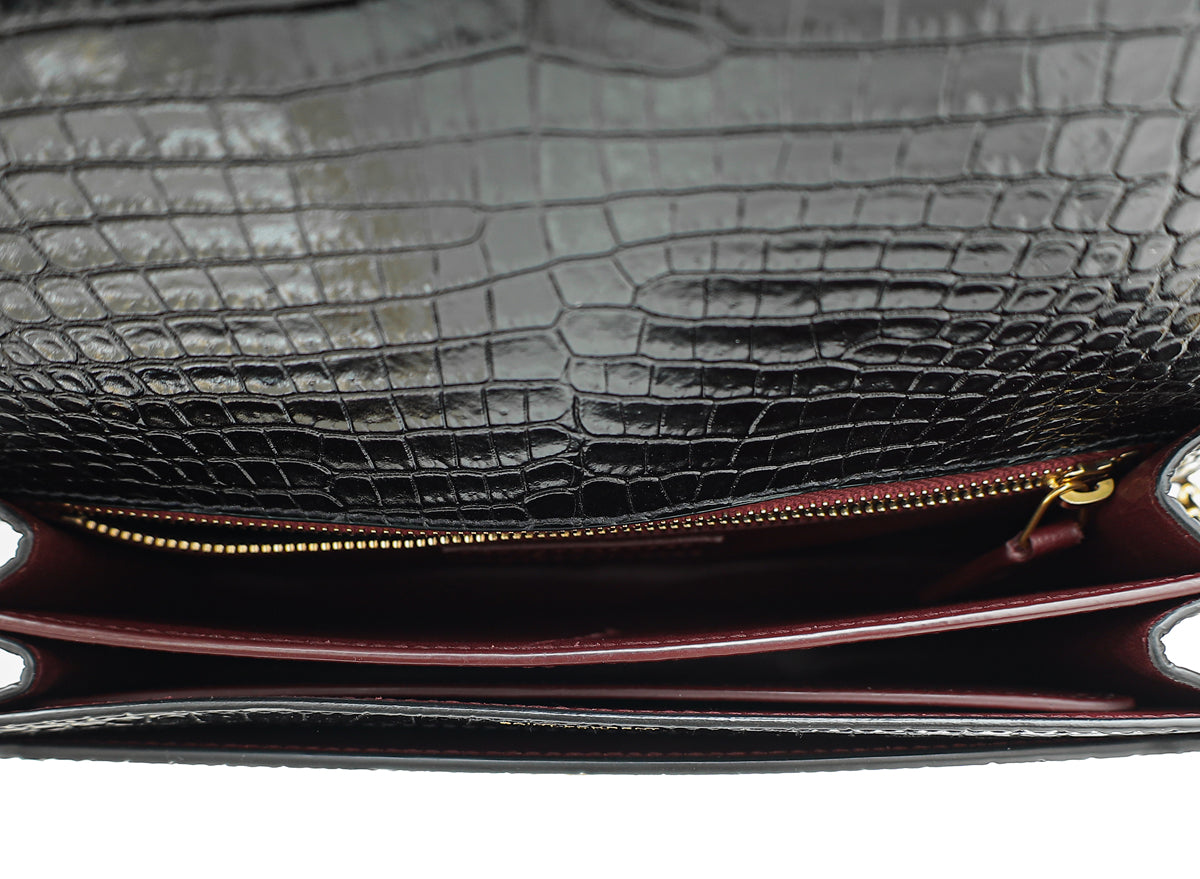 YSL Black Cassandra Clasp Croco Embossed Small Chain Shoulder Bag