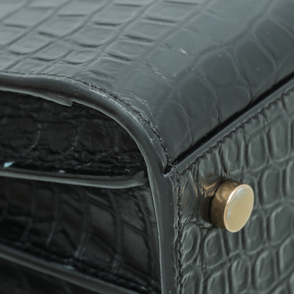 YSL Black Baby Croc Embossed Sac De Jour Bag