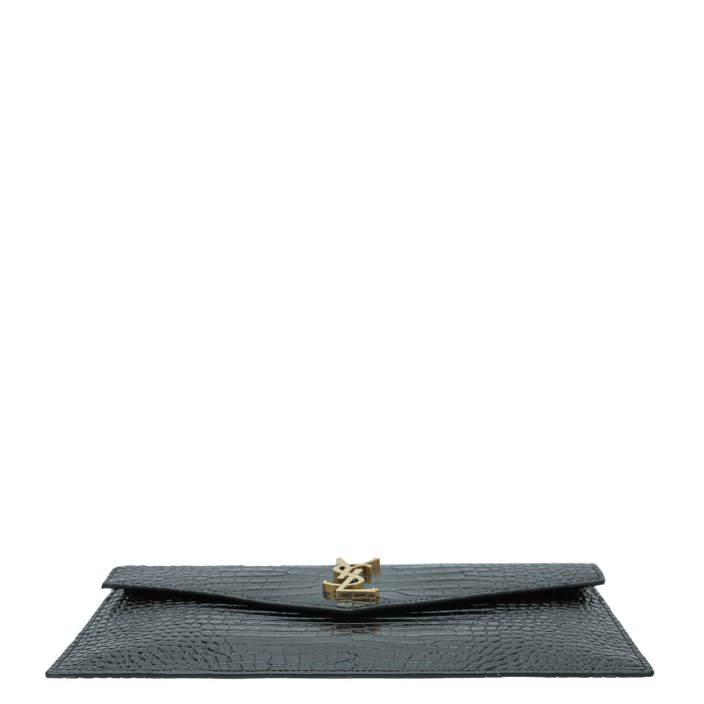 YSL Black Shiny Croc Embossed Uptown Clutch