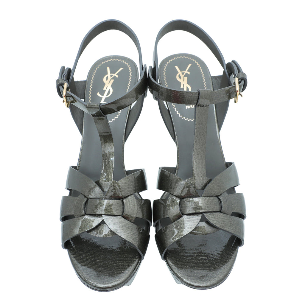 YSL Olive Textured Tribute Mid Heel Sandals 38