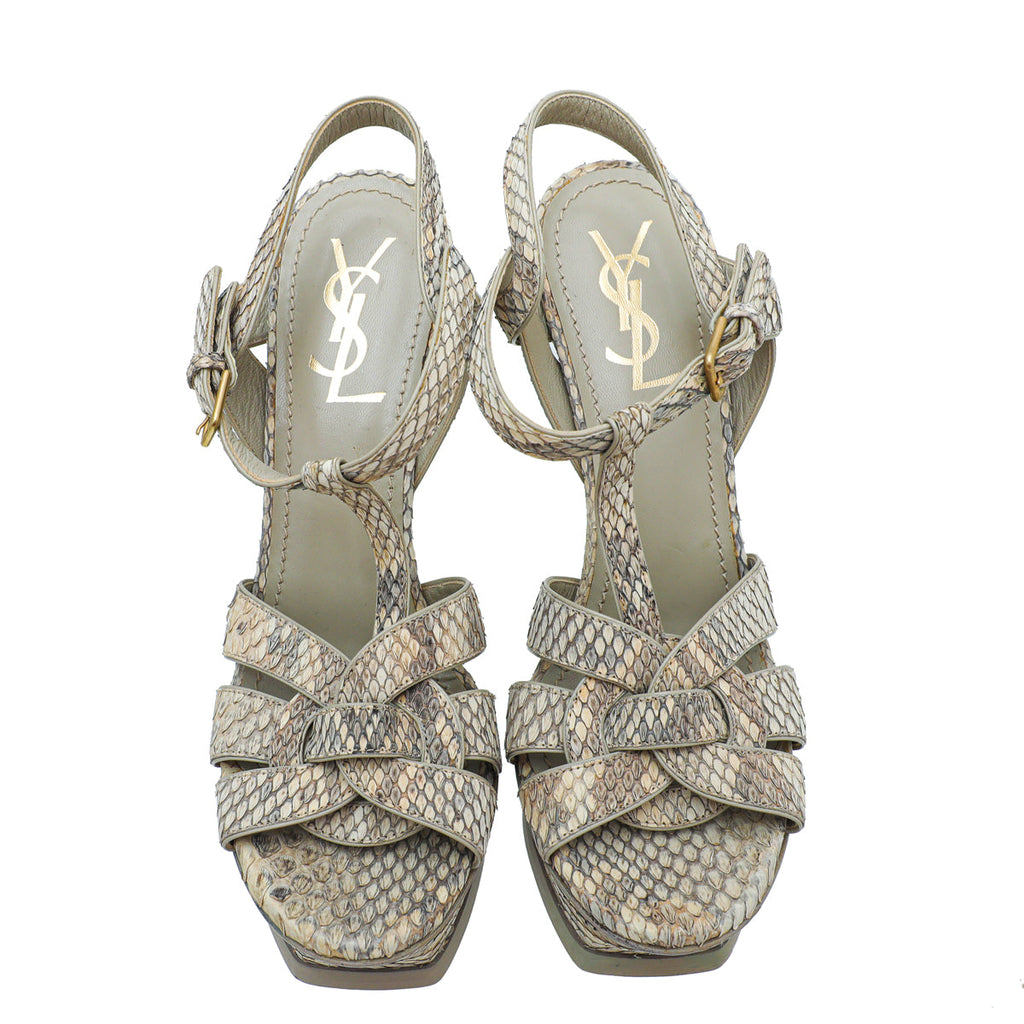 YSL Beige Python Print High Heel Tribute Sandals 38