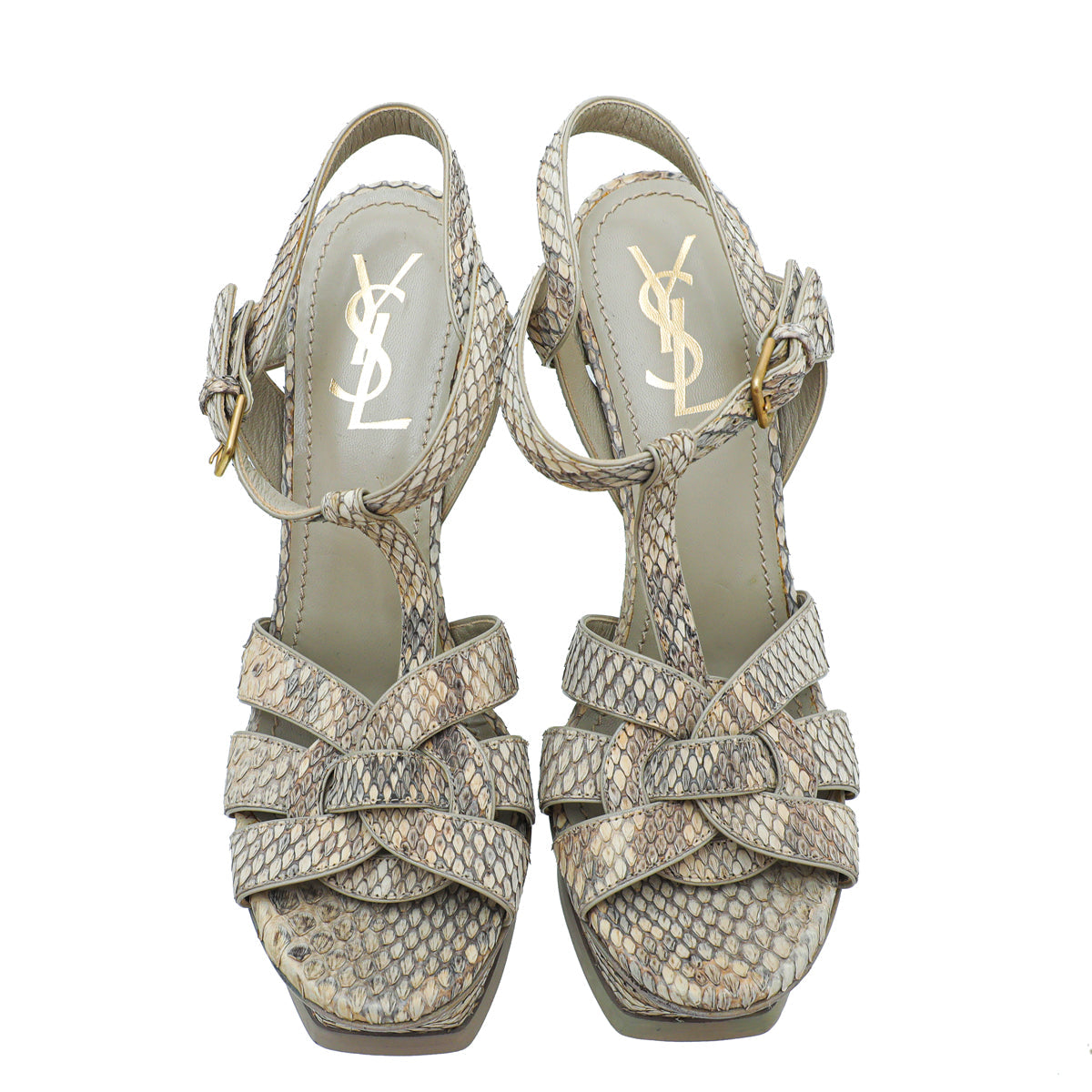 YSL Beige Python Print High Heel Tribute Sandals 38