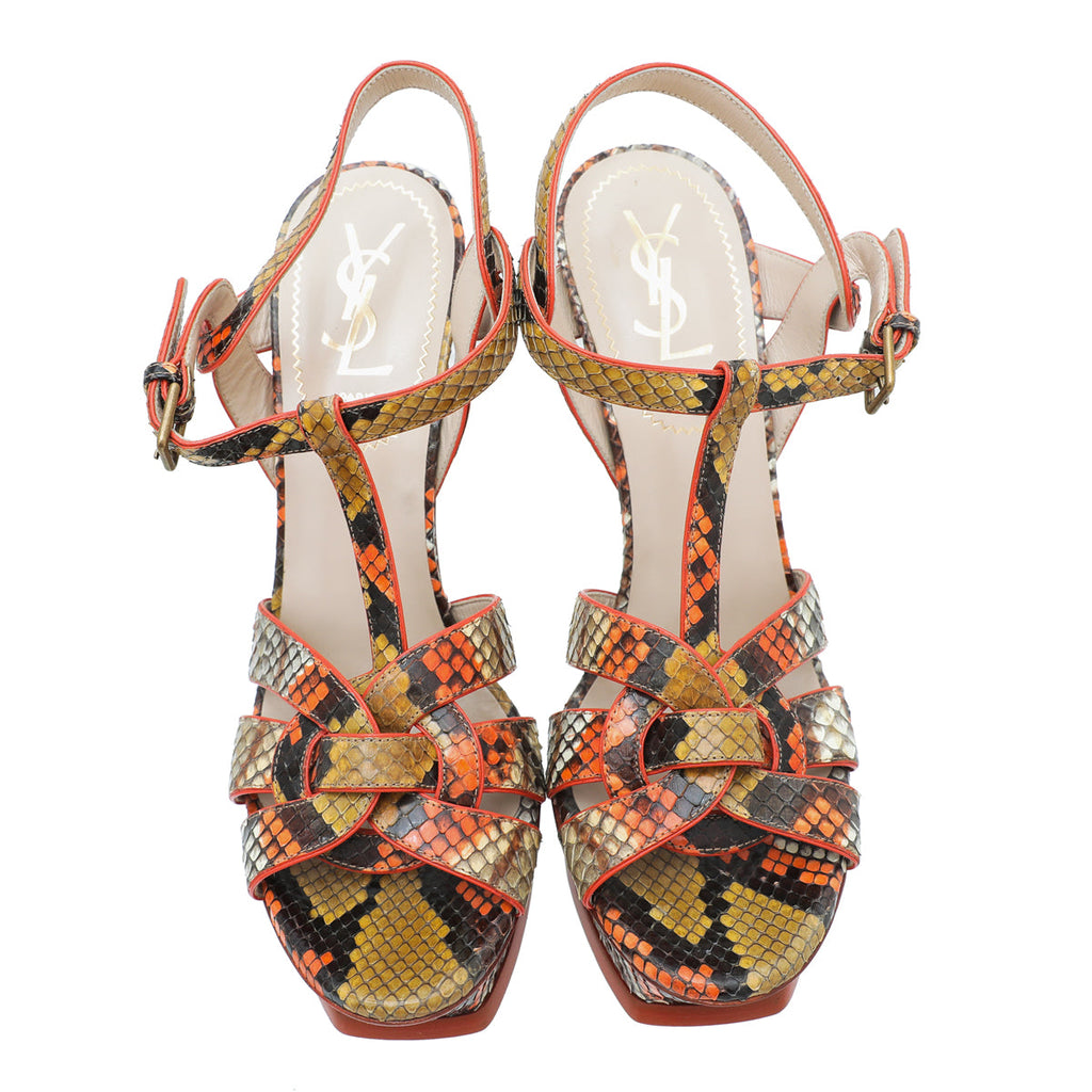 YSL Orange Multicolor Python Print High Heel Tribute Sandals 38