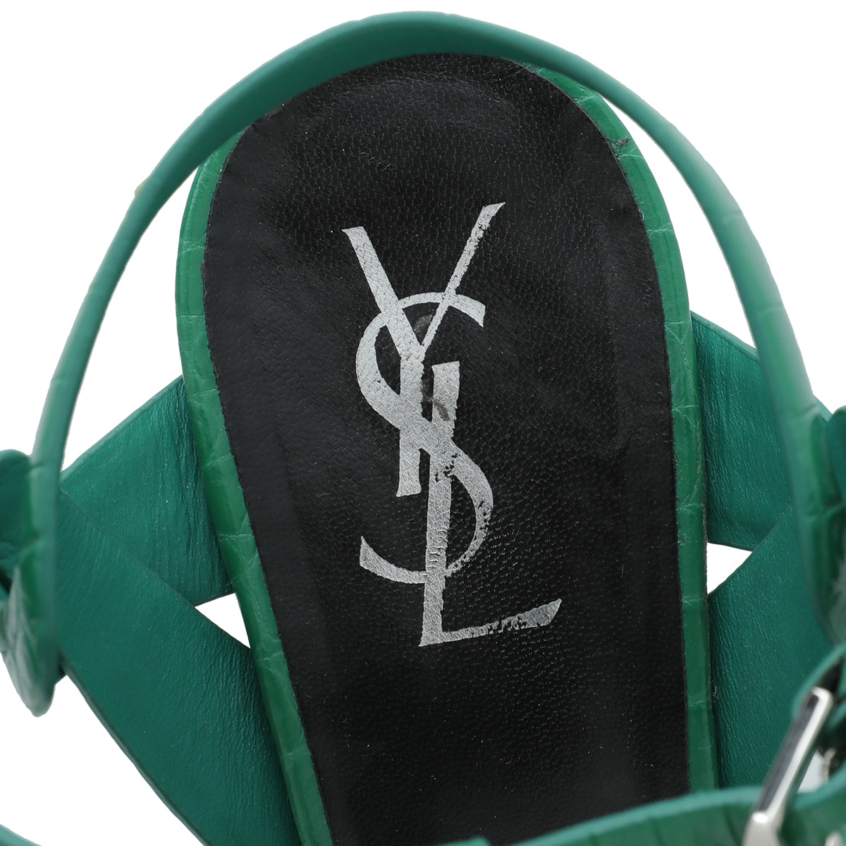 YSL Green Croc Embossed Tribute Sandal 38