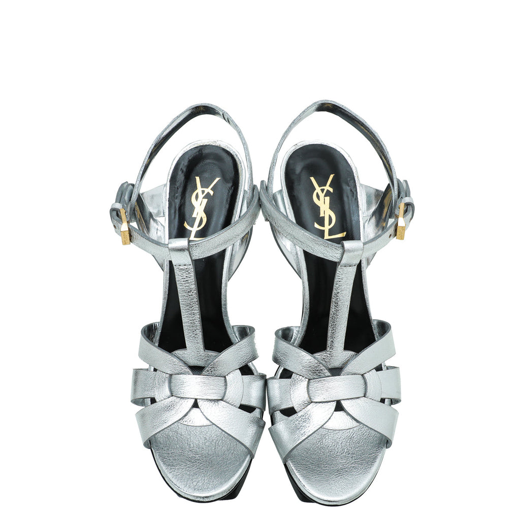 YSL Metallic Silver Tribute Sandal 39.5