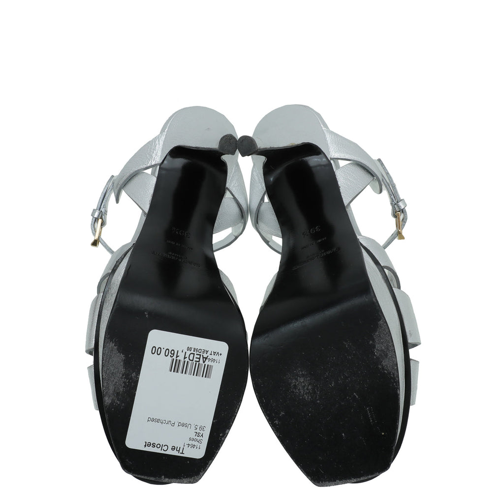 YSL Metallic Silver Tribute Sandal 39.5